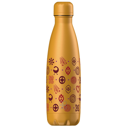 African Inspired Adinkra and Yellow Stainless Steel Water Bottle