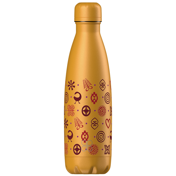 African Inspired Adinkra and Yellow Stainless Steel Water Bottle