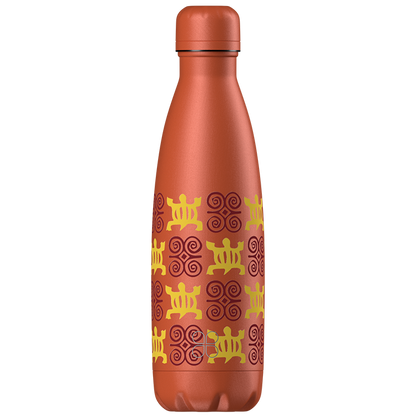 Orange stainless steel water bottle with African inspired design