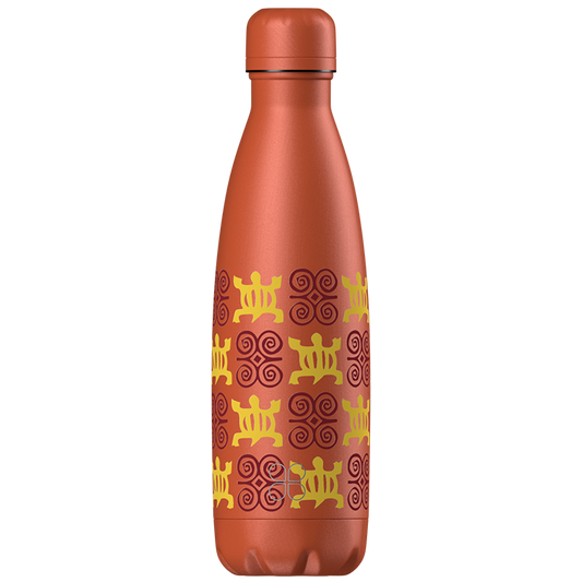 Orange stainless steel water bottle with African inspired design