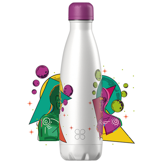 White water bottle with fancy design of a woman and man in an afro-future setting