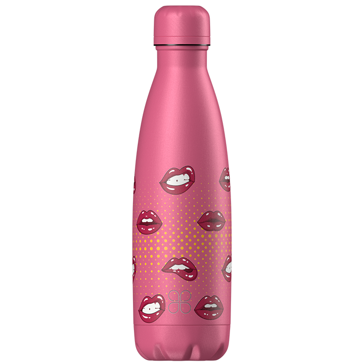 XOXO Pink Stainless Steel Water Bottle with lip art