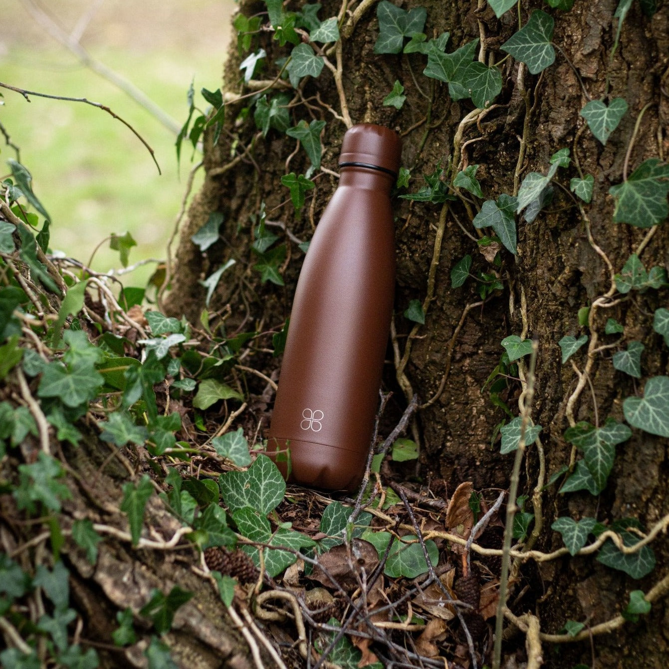Brown water bottle. Sits on a tree branch with leaves around.