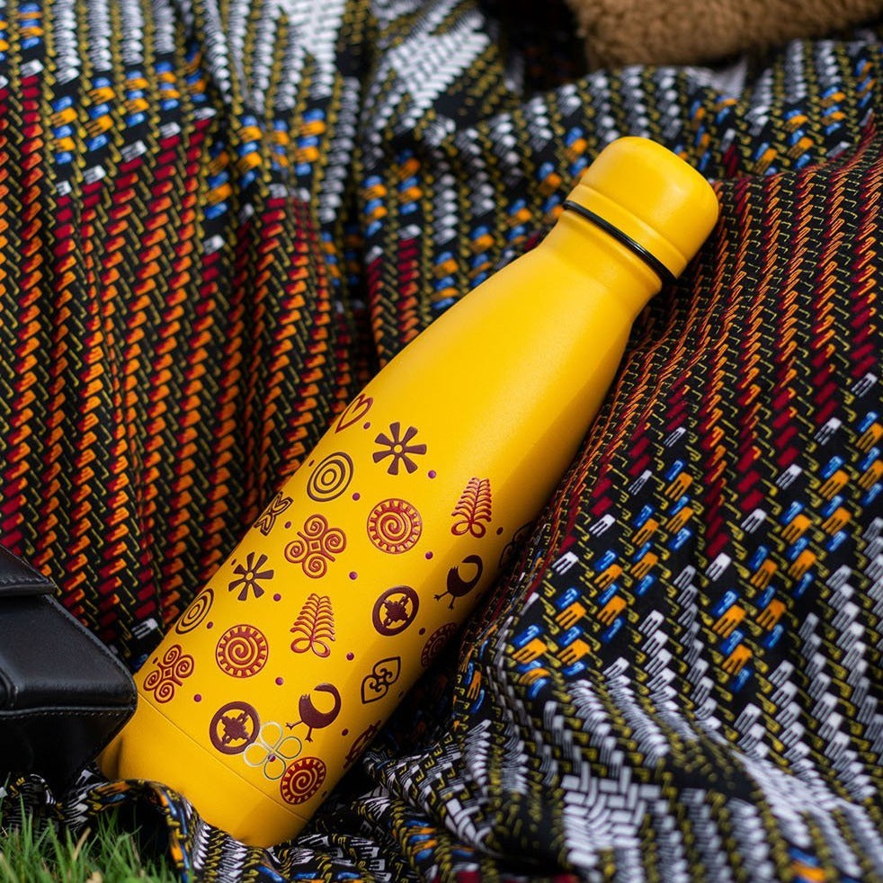 African Inspired Adinkra and Yellow Stainless Steel Water Bottle